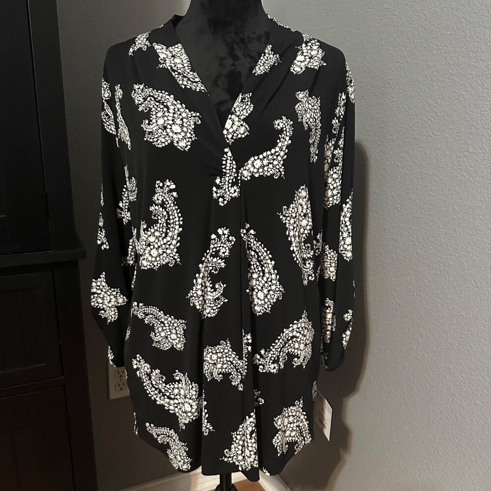 Liz Claiborne Career Blouse XL Black Paisley‎ 3/4 Sleeve Tunic Top Office Chic